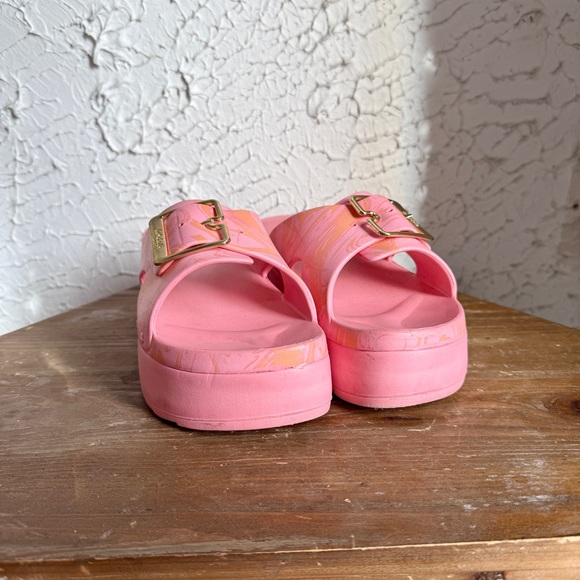 Dr. Scholl's Shoes - Dr. Scholl's Pink Platform Slide Sandals with Gold Buckle